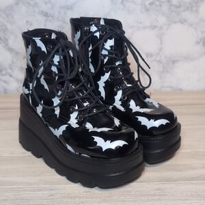 Black Patent Platform Ankle Boots with White Bat Print